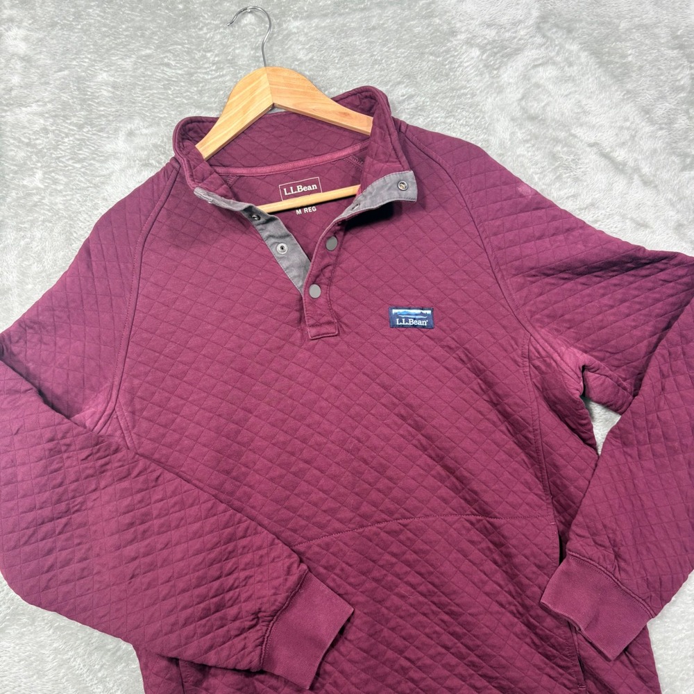 L.L.Bean Quilted Pullover Mens Medium Burgundy Snap Neck Sweatshirt 509332